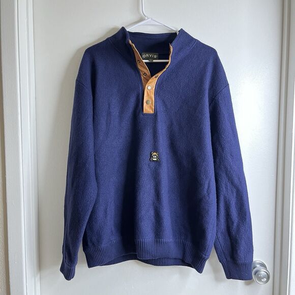 Orvis Wool 1/4 Snap Sweater Mens Size L Blue Elbow Patches Long Sleeve Pullover - Picture 2 of 12